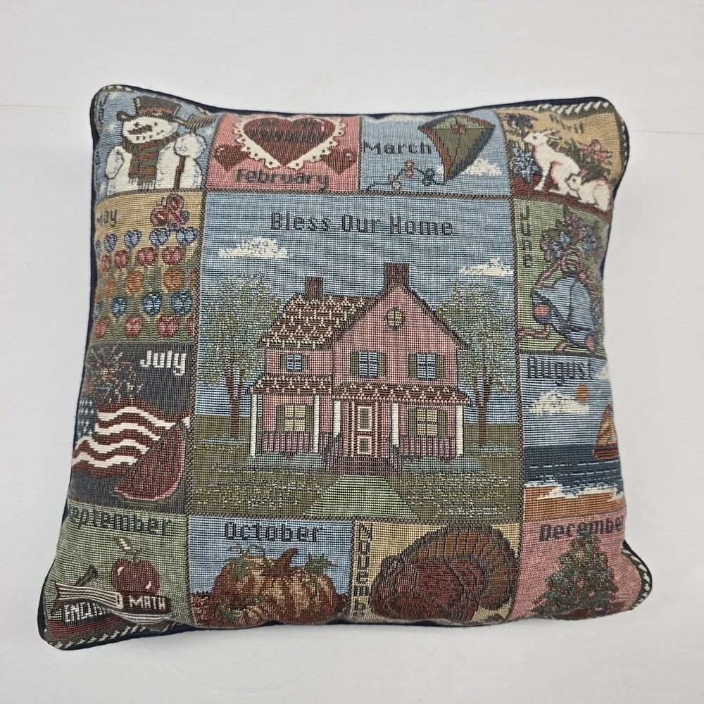 Vintage 90s Tapestry Bless Our Home Twelve Month Calendar Throw Pillow Navy Back